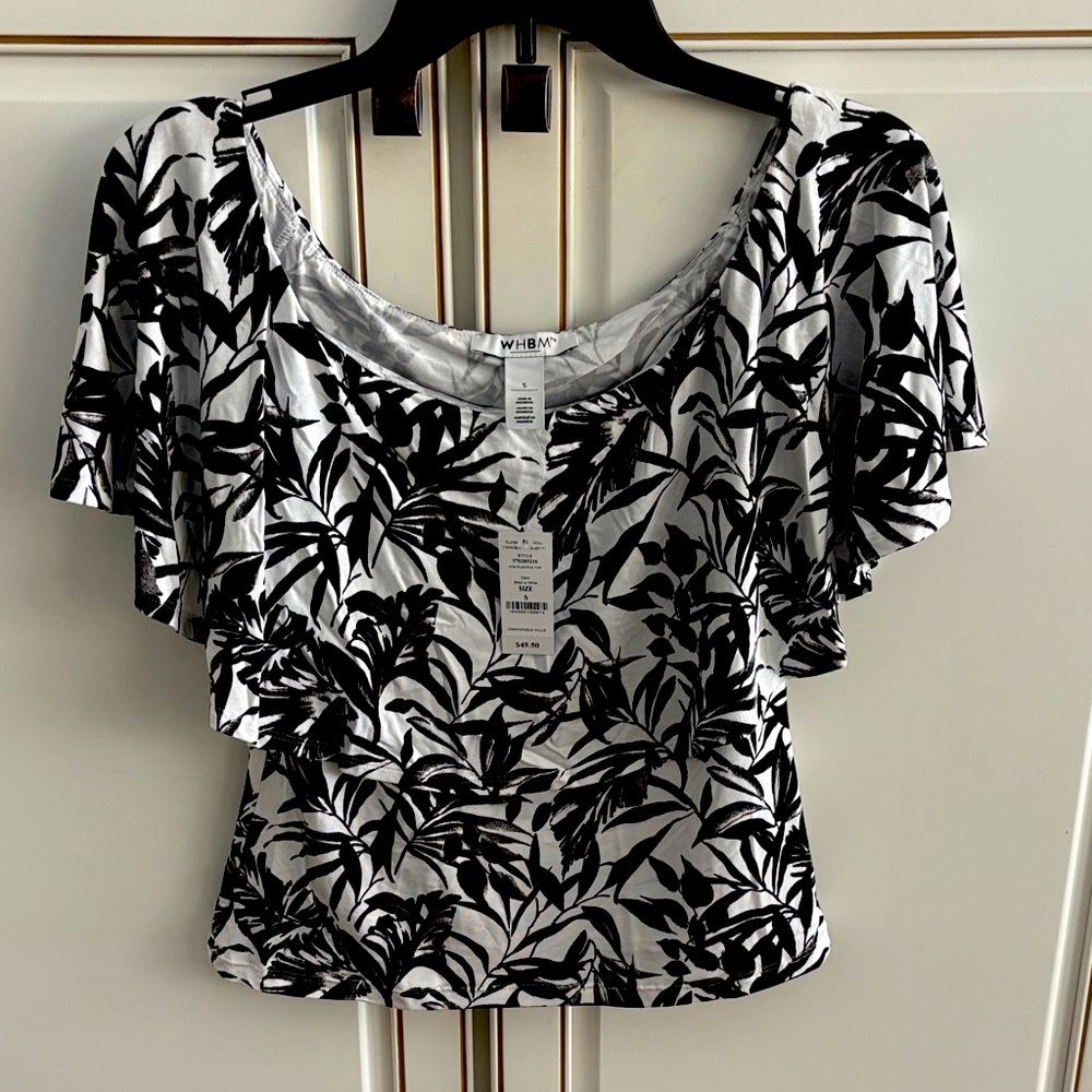 NWT White House Black Market Black on White Leaf Print Blouse Size Small